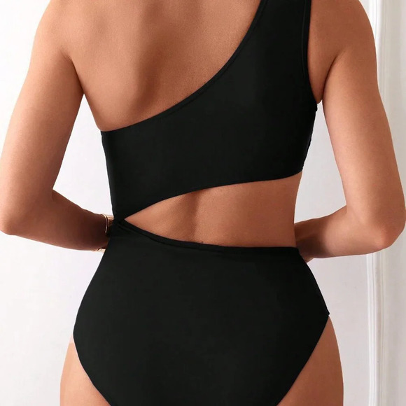 Black Women's Cut Out One Shoulder One Piece Swimsuit - Picture 2 of 6